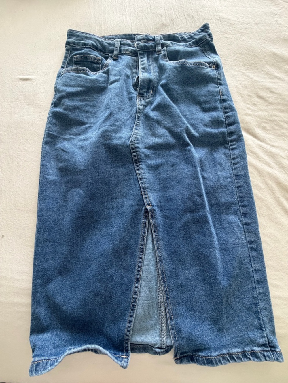 Classic High-Waist Denim Midi Skirt - Blue